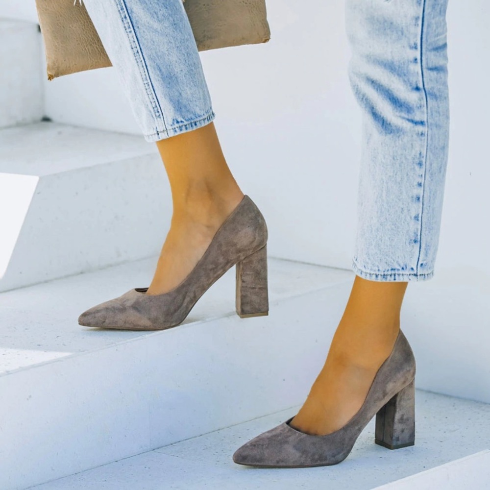 VICI Faux Suede Block Heel Pumps - Taupe